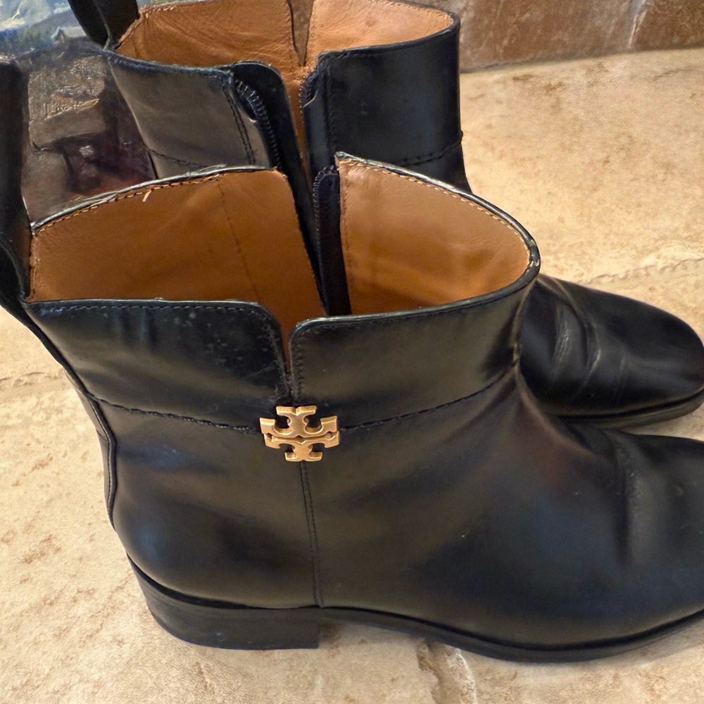 Tory Burch Black Ankle Boots with Gold Accent